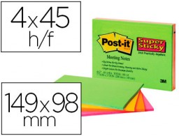 4 bloc de 45 notas adhesivas quita y pon Post-it Super Sticky 149x98mm. colores neón